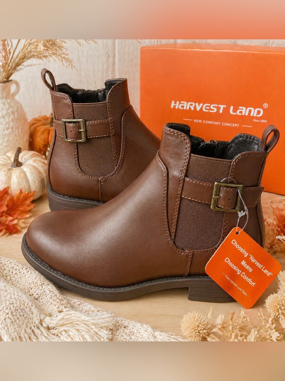 Harvest Land Brown Chelsea Ankle Boots Women’s sz 6 Faux Leather Buckle NWT